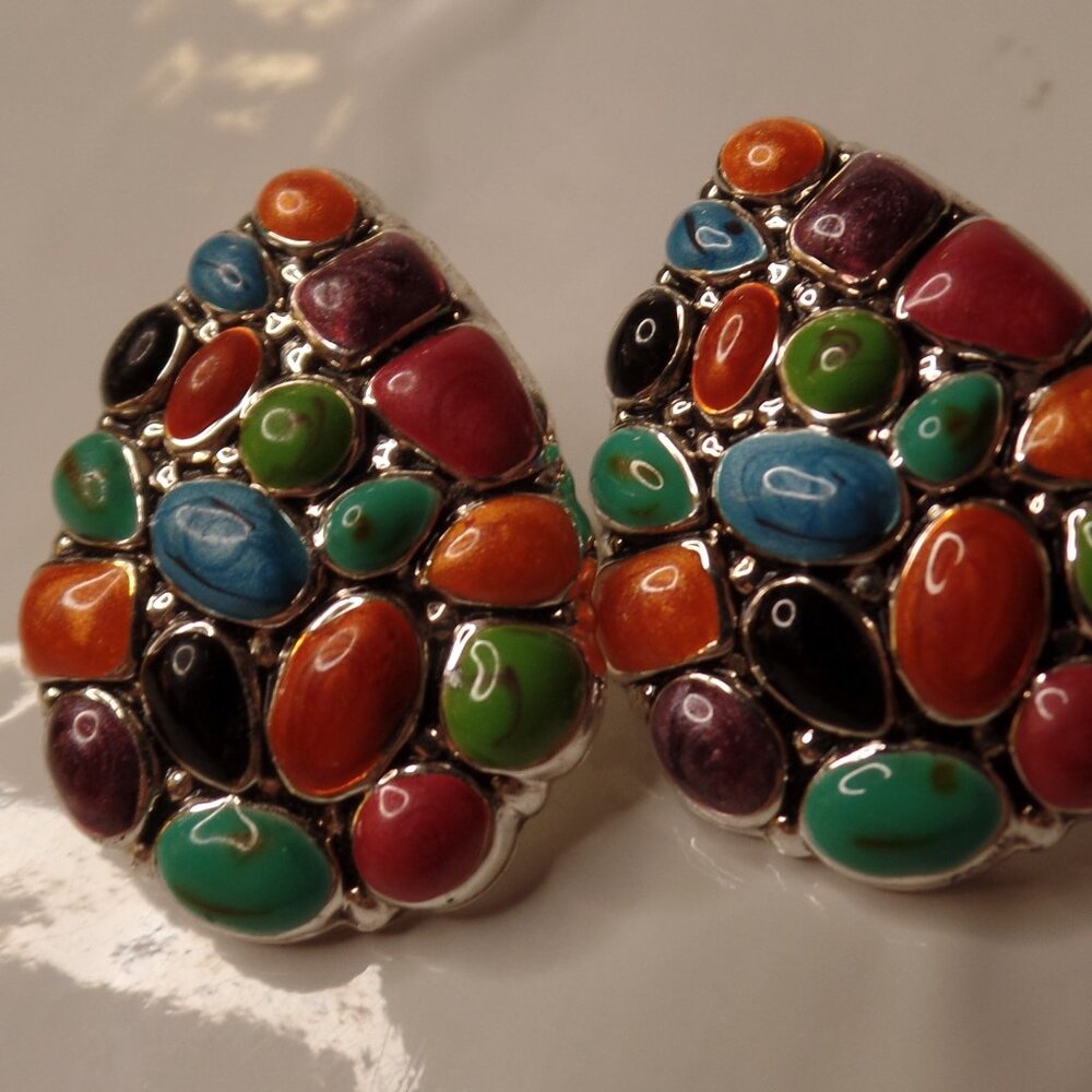 "Best" Brand Silvertone Brightly Colored Tear Drop Shaped Post Earrings 1" Long